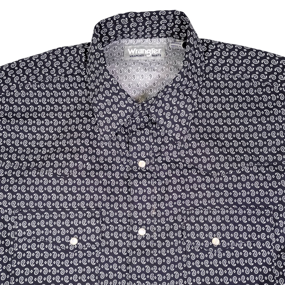 Wrangler Wrancher Mens‎ Black White Paisley Pearl Snap Western Shirt Large